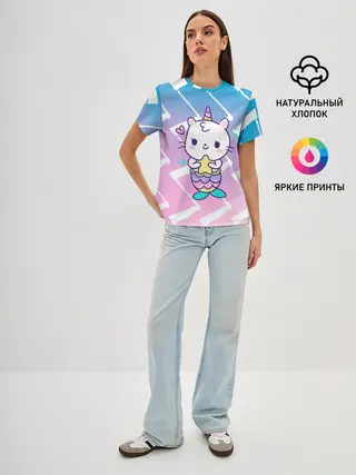 Женская базовая футболка / Котик-рыбка-единорог
