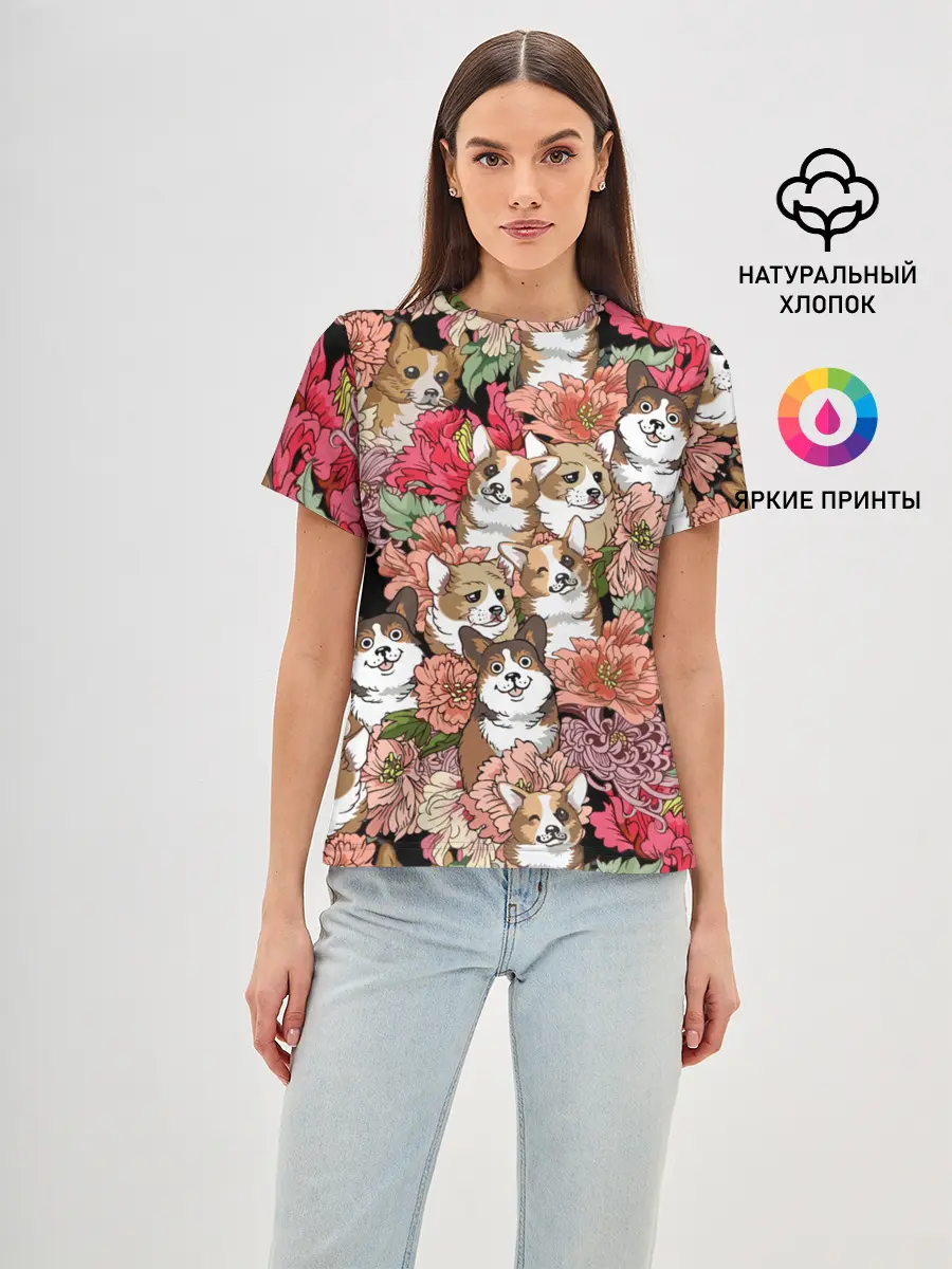 Женская базовая футболка / Корги & Цветы