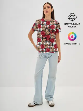 Женская базовая футболка / Розы в клеточку