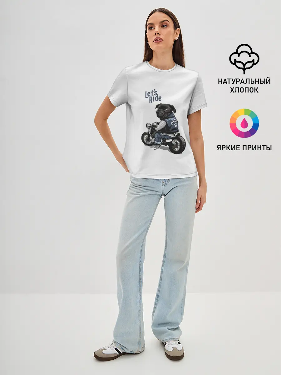 Женская базовая футболка / Pug Rider | Байкер Мопс