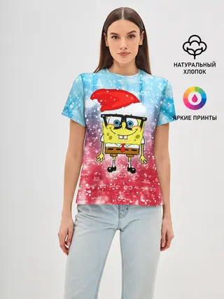 Женская базовая футболка / Новогодний Спанч Боб