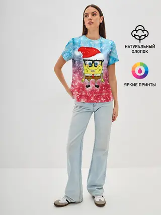 Женская базовая футболка / Новогодний Спанч Боб