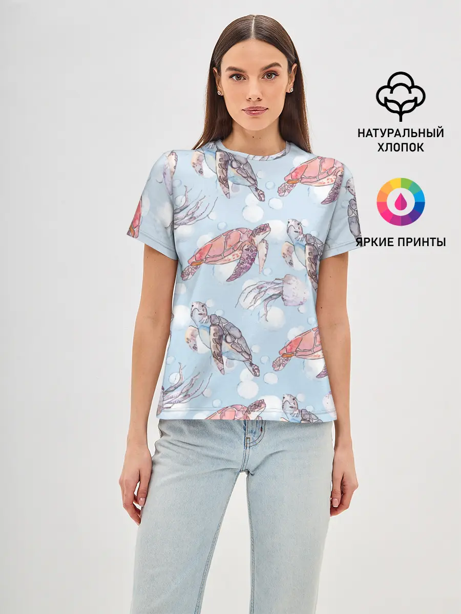 Женская базовая футболка / подводный мир черепахи медузы
