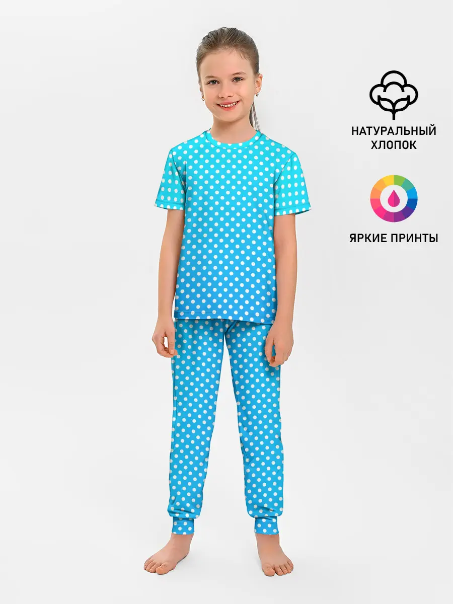 Детская пижама с брюками / Белые кружки