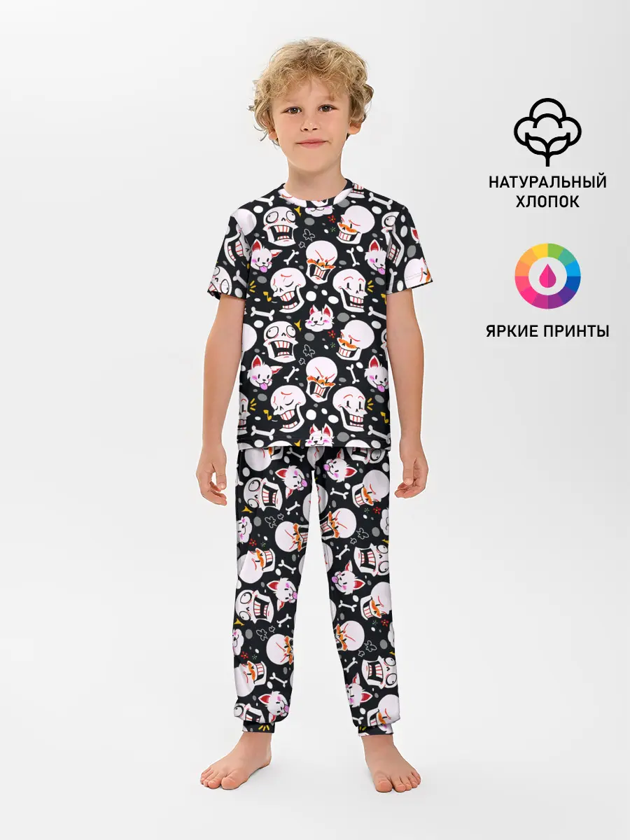 Детская пижама с брюками / Черепа и Котики