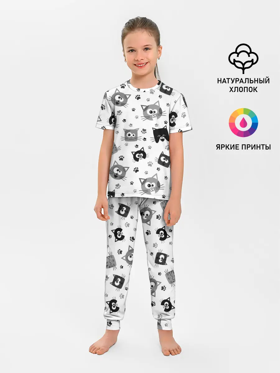 Детская пижама с брюками / Котики | ЧБ
