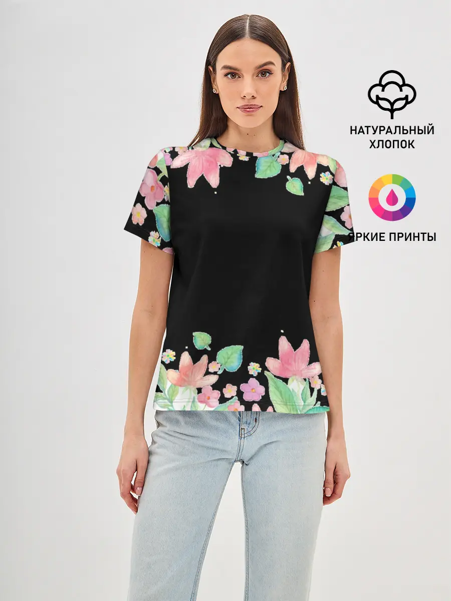 Женская базовая футболка / Рамка из розовых и зеленых листьев
