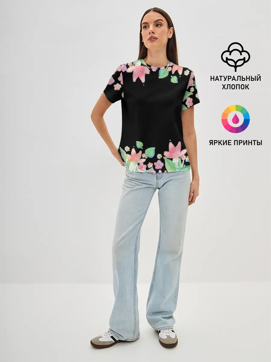 Женская базовая футболка / Рамка из розовых и зеленых листьев