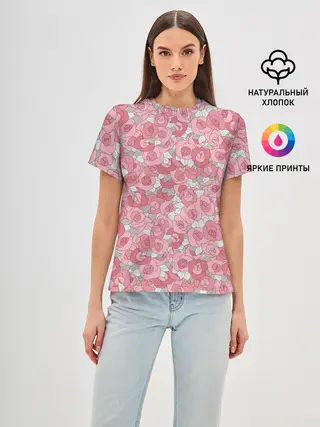 Женская базовая футболка / Нежно коралловые розы