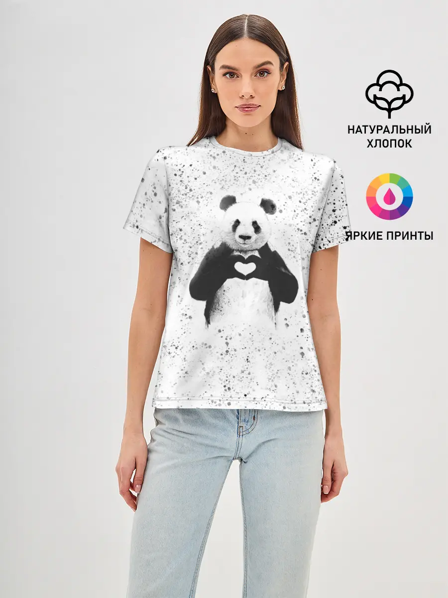 Женская базовая футболка / Панда Любовь Сердце Брызги