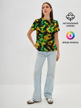 Женская базовая футболка / Абстрактный желто-зеленый узор