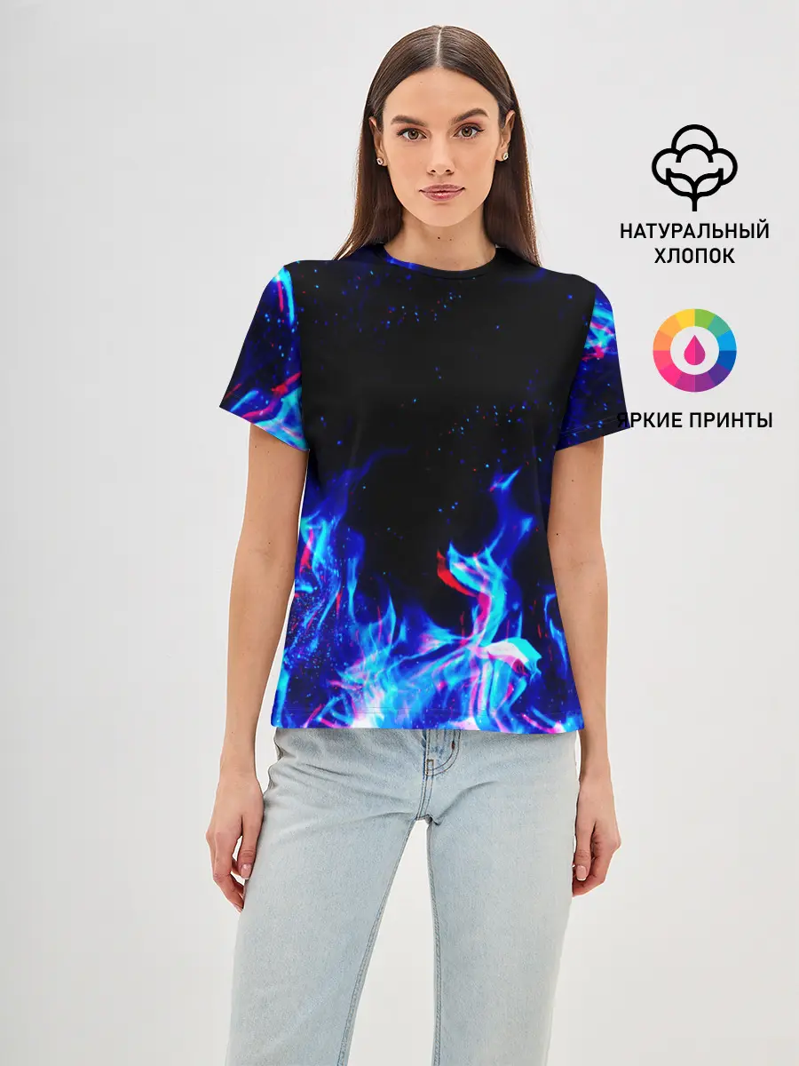 Женская базовая футболка / СИНИЙ ОГОНЬ ГЛИТЧ | BLUE FIRE GLITCH
