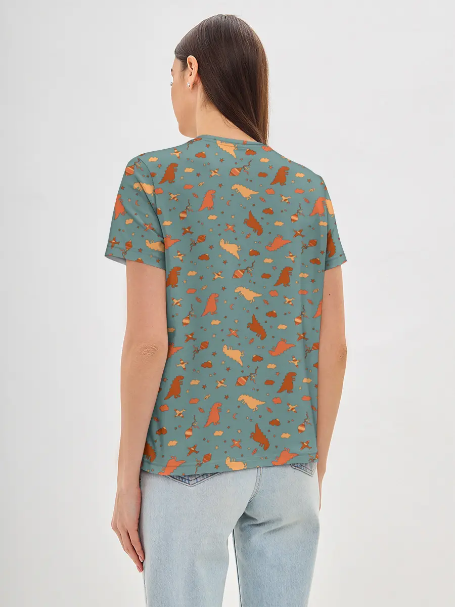 Женская базовая футболка / детский принт с динозаврами и звездами