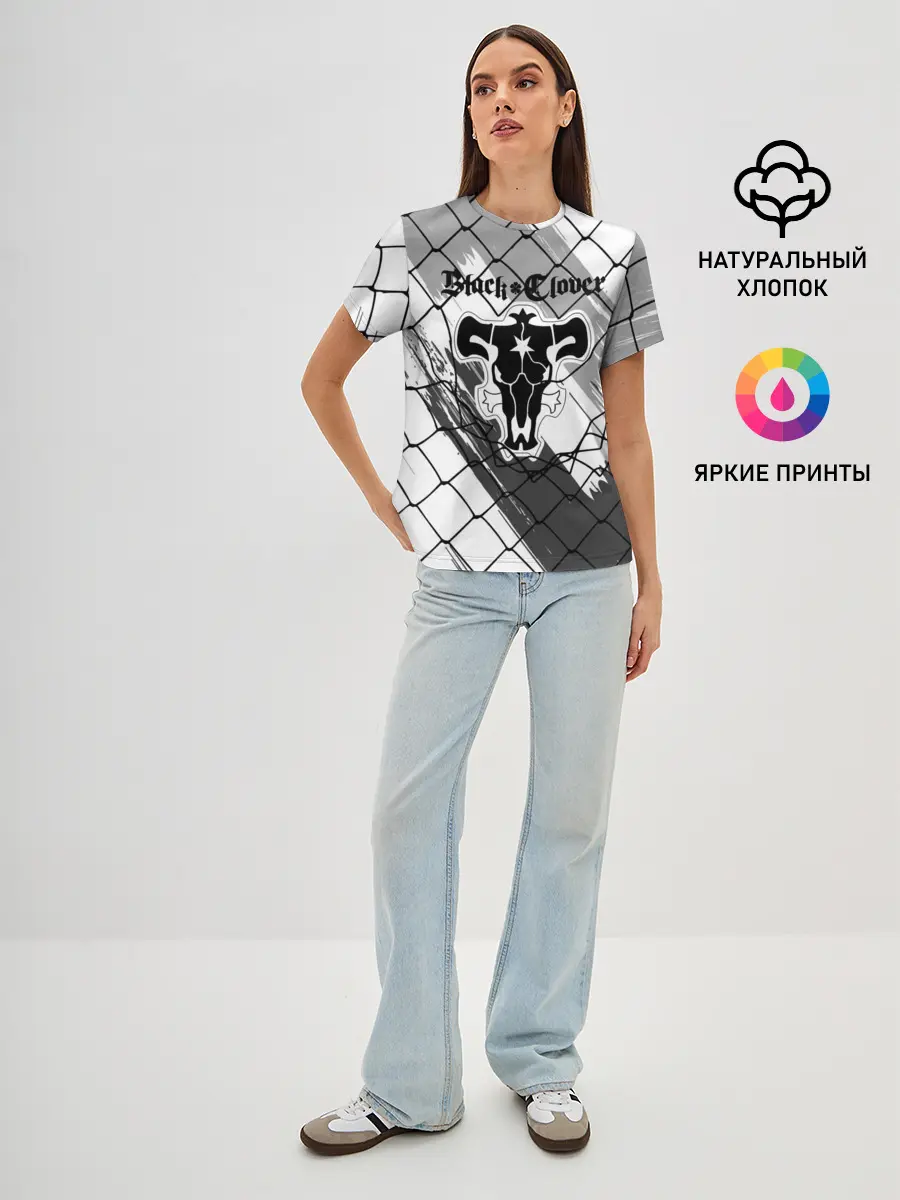 Женская базовая футболка / Чёрный клевер бык за решеткой.