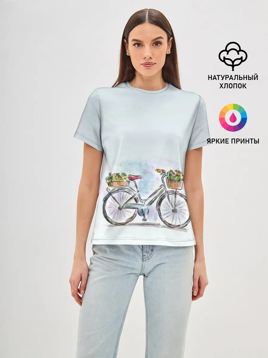 Женская базовая футболка / акварельный велосипед