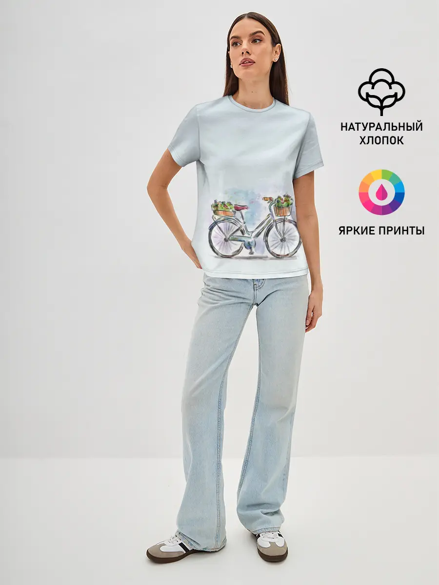 Женская базовая футболка / акварельный велосипед