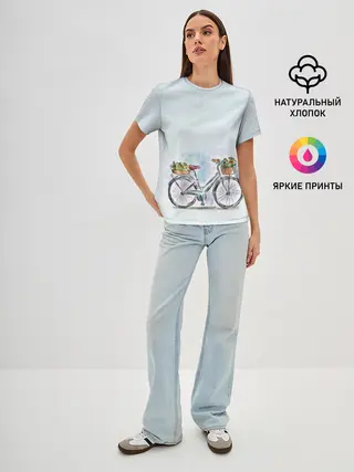 Женская базовая футболка / акварельный велосипед