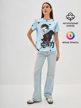 Женская базовая футболка / Танджиро Камадо черные сердечки