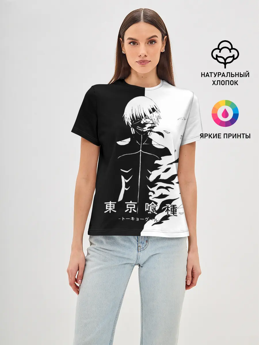 Женская базовая футболка / Токийский гуль черно белый Кен