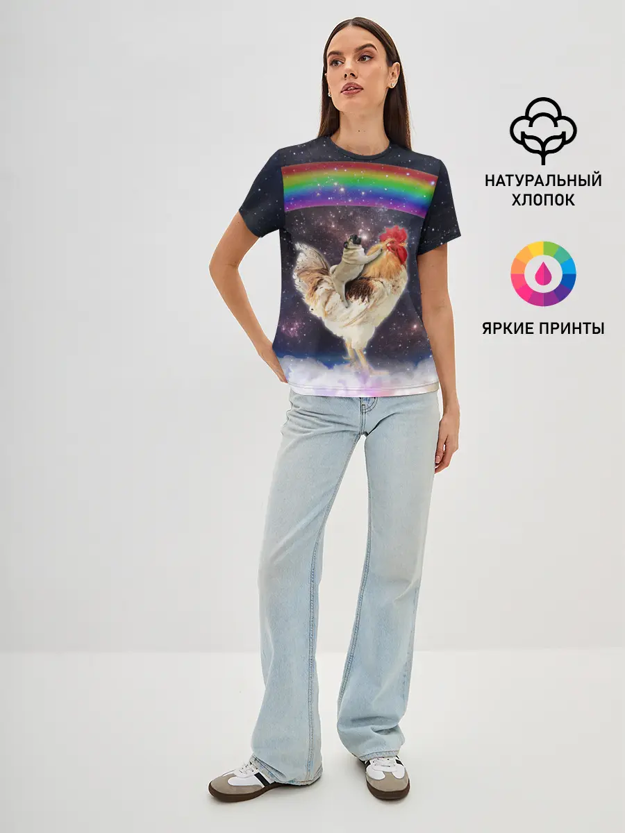 Женская базовая футболка / Мопс на курице в космосе
