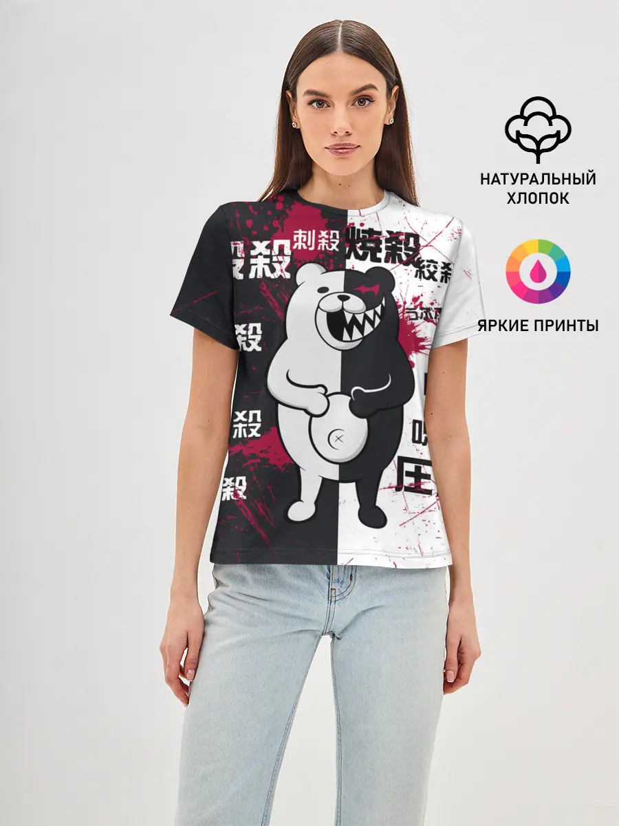 Женская базовая футболка / monokuma с пупком и иероглифами