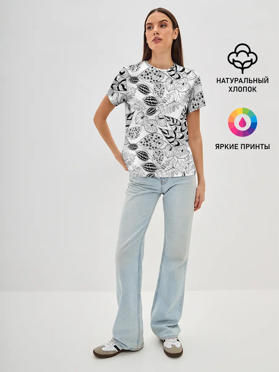 Женская базовая футболка / Черно-белый узор Тропики