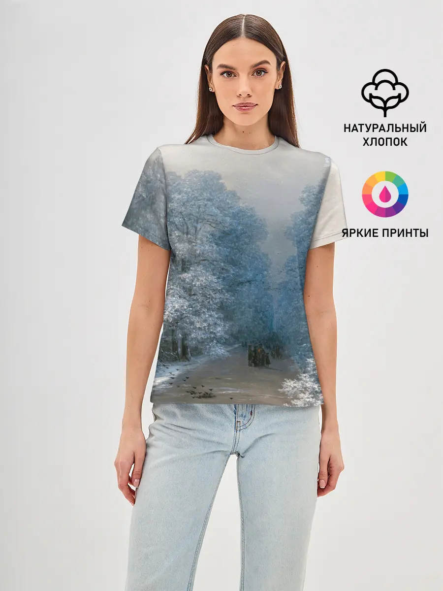 Женская базовая футболка / Зимний пейзаж картина маслом