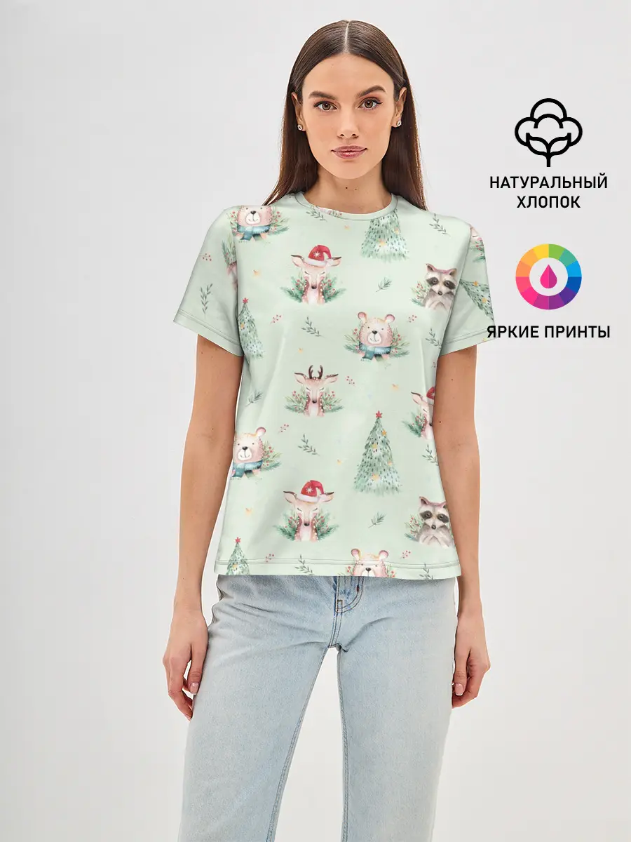 Женская базовая футболка / Олени, медведи и еноты