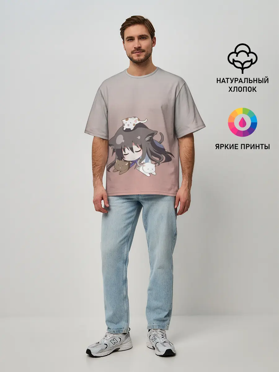 Мужская футболка оверсайз / малышка спит ушки котики