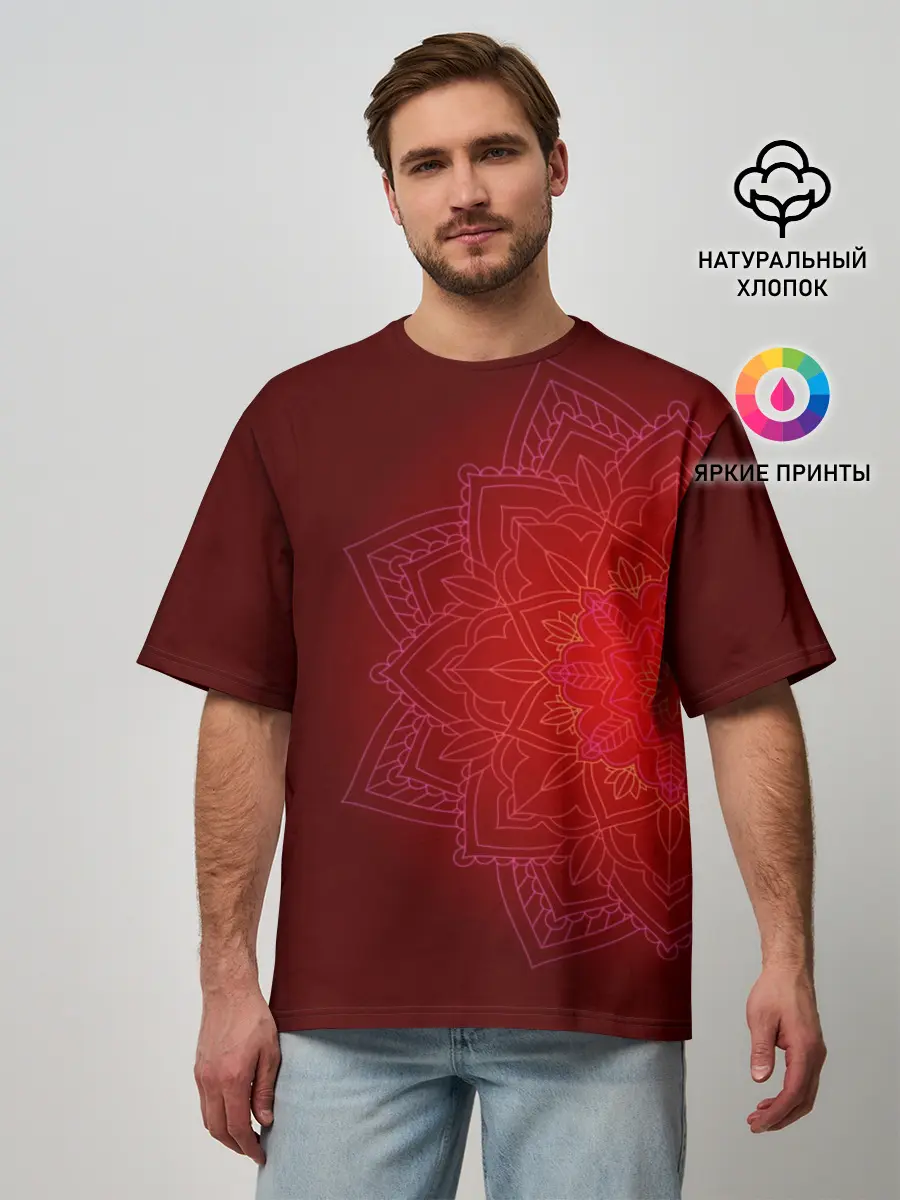 Мужская футболка оверсайз / Красная мандала