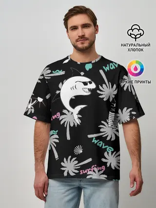 Мужская футболка оверсайз / Акула и серфинг