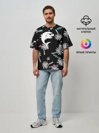 Мужская футболка оверсайз / Акула и серфинг