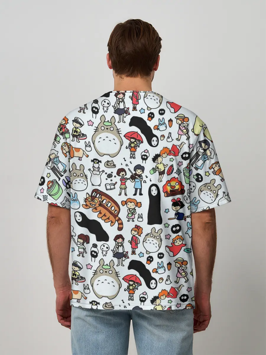 Мужская футболка оверсайз / Персонажи Миядзаки паттерн
