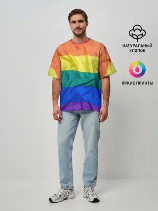 Мужская футболка оверсайз / Радуга - мятая ткань полотно