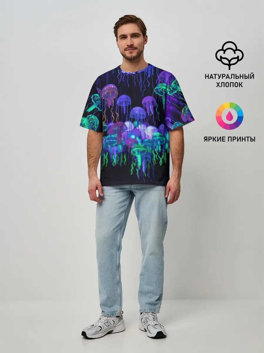 Мужская футболка оверсайз / Неоновые медузы