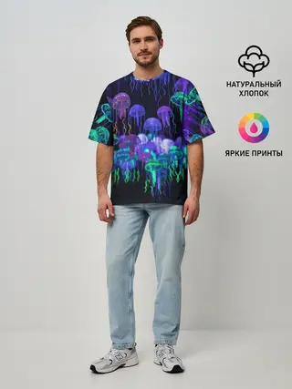 Мужская футболка оверсайз / Неоновые медузы