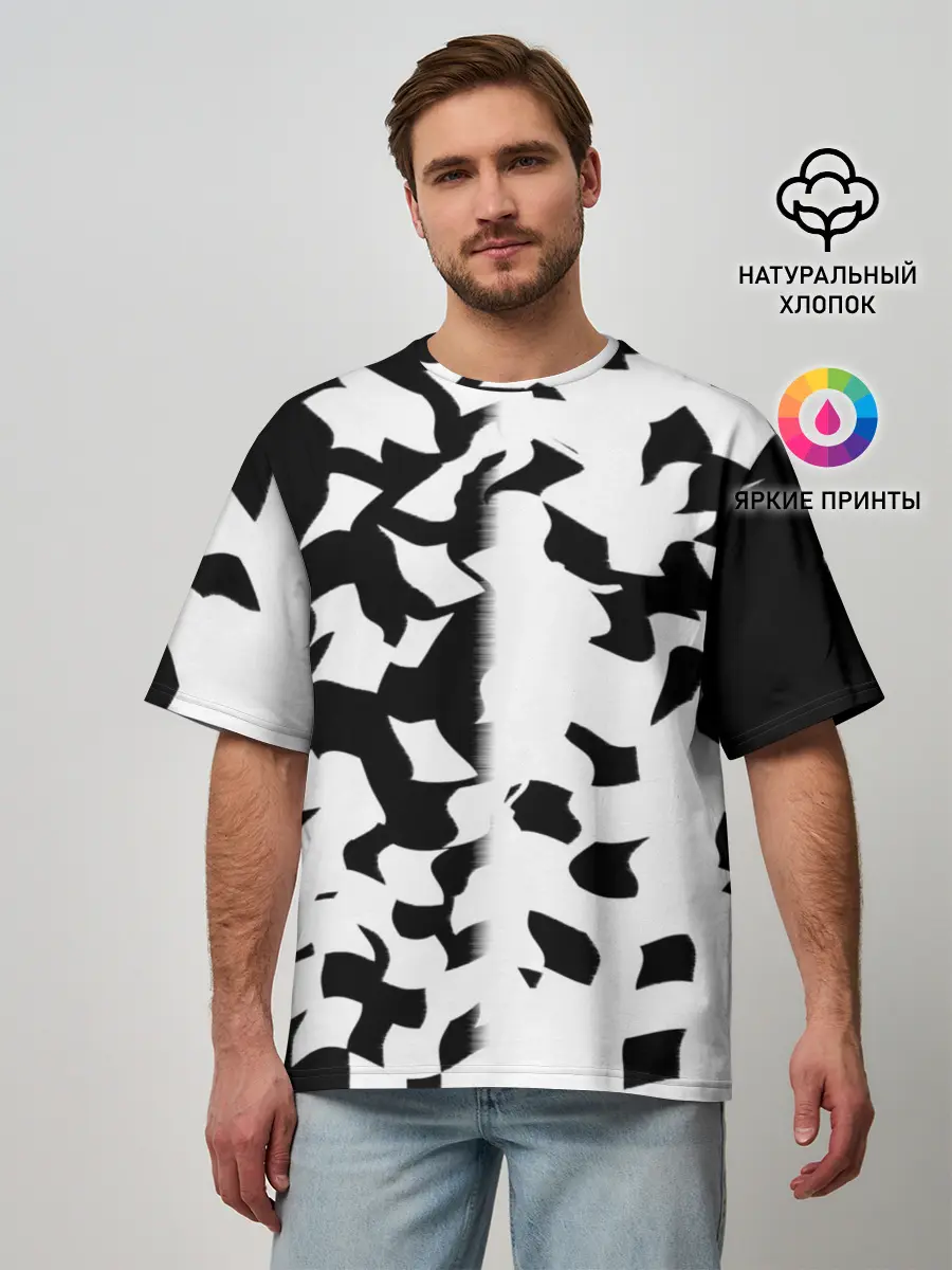 Мужская футболка оверсайз / черно-белый камуфляж