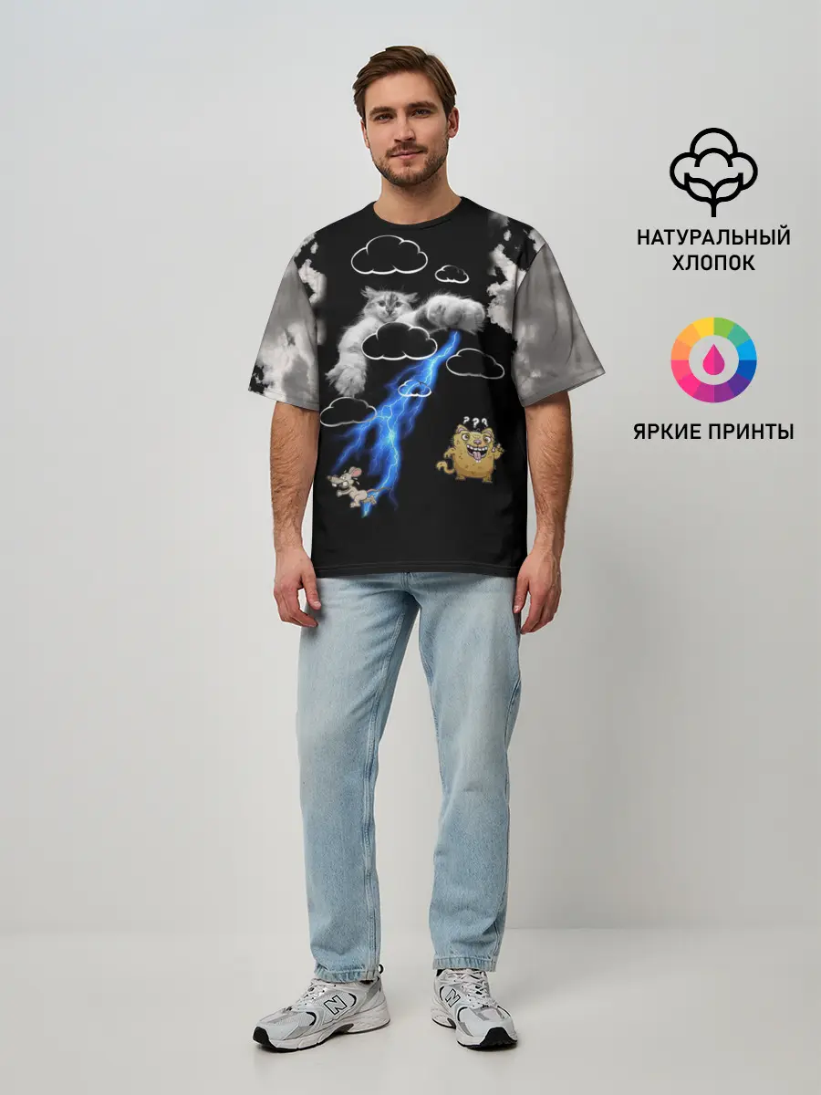 Мужская футболка оверсайз / Грозовой, кошак