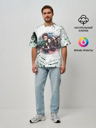 Мужская футболка оверсайз / Брызги красок Demon Slayer