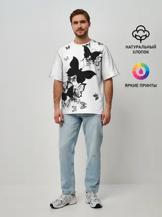 Мужская футболка оверсайз / Черные бабочки на белом