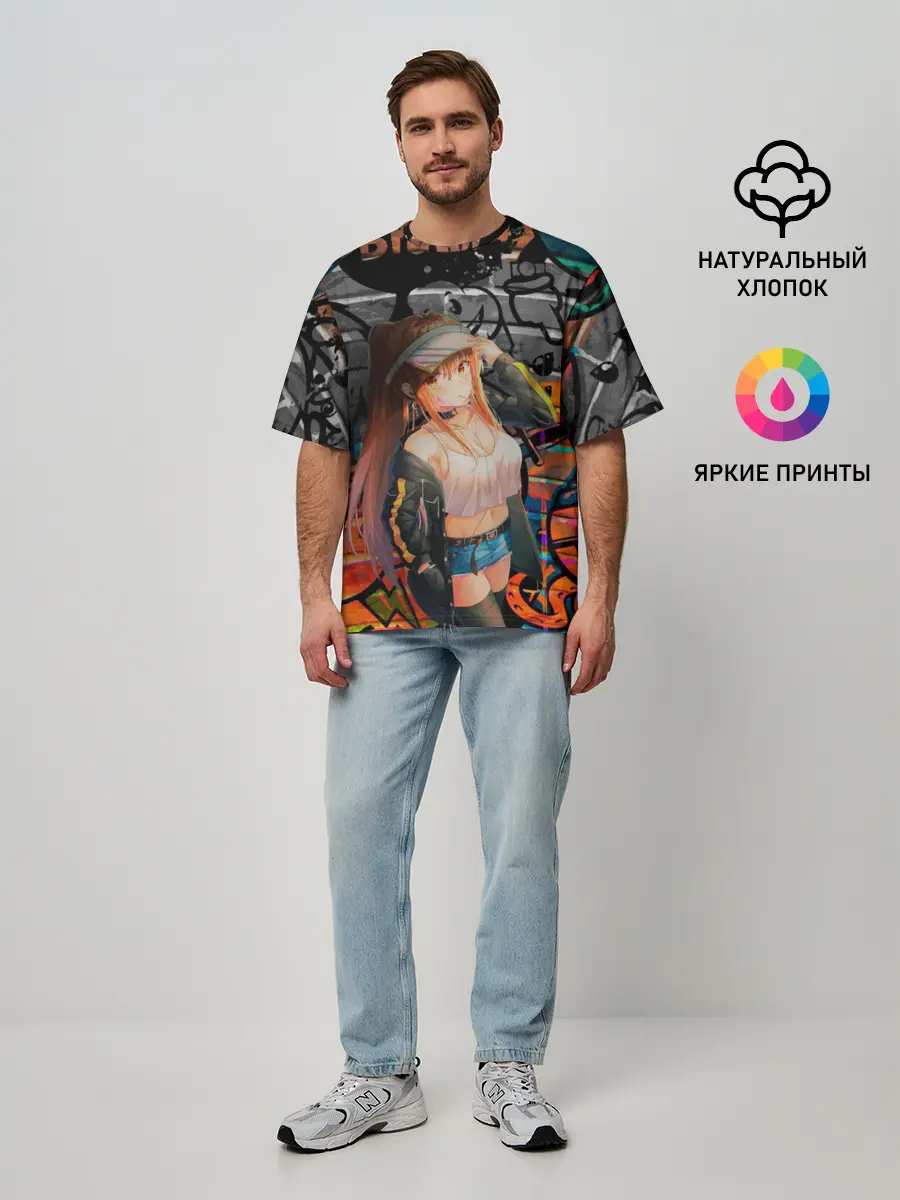 Мужская футболка оверсайз / Anime Girl with Graffiti