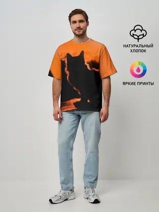 Мужская футболка оверсайз / Котенок на фоне заката
