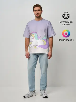 Мужская футболка оверсайз / единорожек на фиолетовом