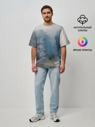 Мужская футболка оверсайз / Зимний пейзаж картина маслом
