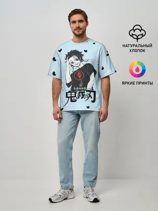 Мужская футболка оверсайз / Танджиро Камадо черные сердечки