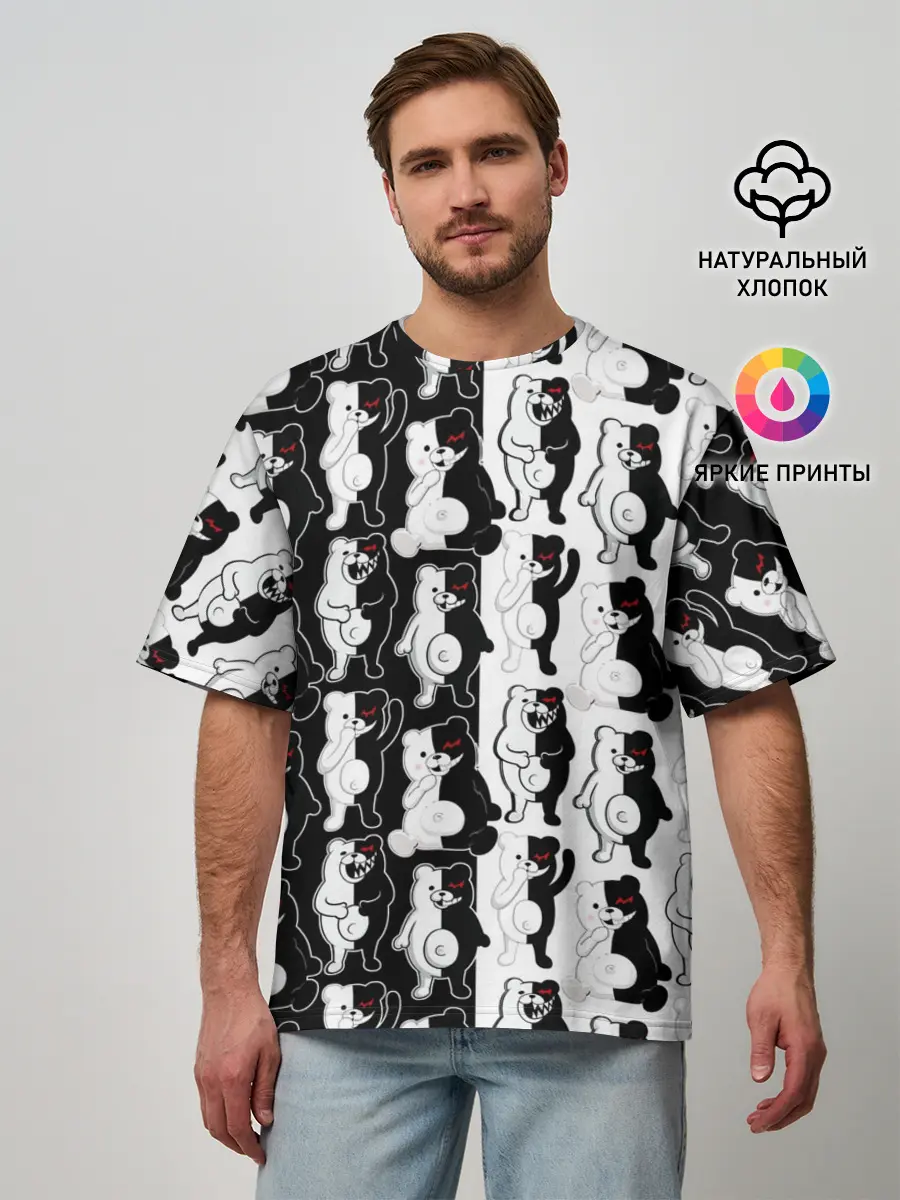 Мужская футболка оверсайз / MONOKUMA / МОНОКУМА ПАТТЕРН