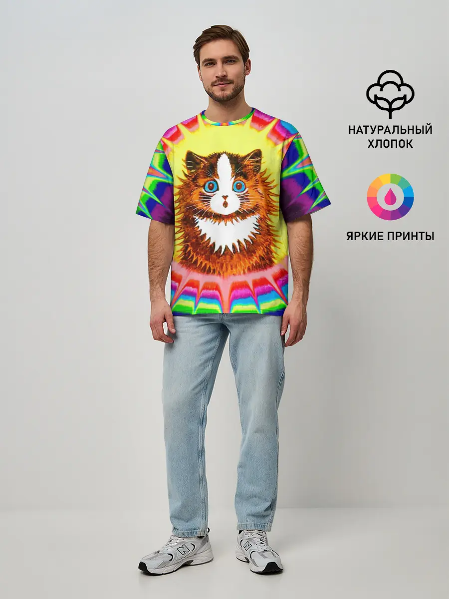 Мужская футболка оверсайз / Psychedelic Rainbow Cat