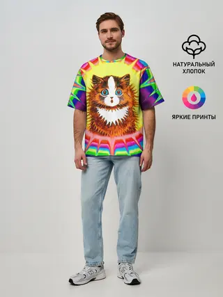Мужская футболка оверсайз / Psychedelic Rainbow Cat