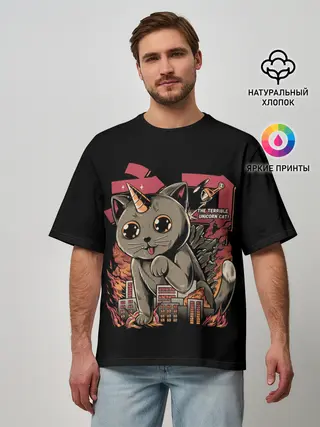 Мужская футболка оверсайз / АНИМЕ КОТ-ЕДИНОРОЖЕК