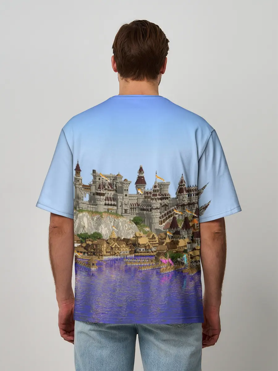 Мужская футболка оверсайз / Корабль и замок в манкрафт.